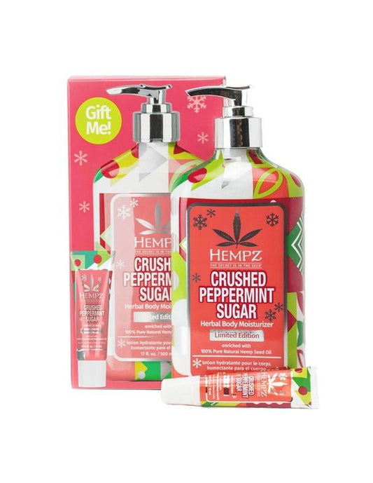 Coffret cadeau de baume à lèvres hydratant pour le corps à base de plantes et de sucre à la menthe poivrée écrasée Hempz